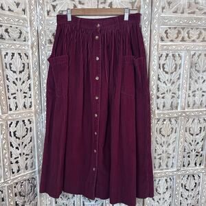 VTG Eddie Bauer 90s Maroon Corduroy Button-Down Pleated Midi Skirt size 12-SEE
